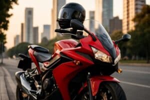 Seguro Para Motocicletas moto esportiva vermelha estacionada com capacete, simbolizando proteção e segurança