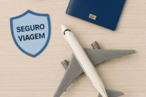 Um avião com um passaporte ao lado direito e um escrudo escrito Seguro Viagem no canto superior esquerdo