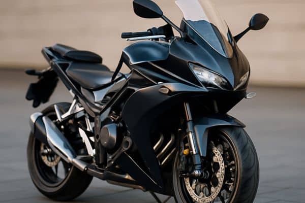 Seguros Para Motocicletasoto preta estacionada em frente a prédio moderno, simbolizando proteção e planejamento urbano