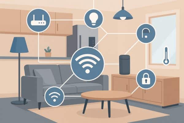 Inovações em TecnologiaCasa moderna equipada com dispositivos conectados pela internet das coisas