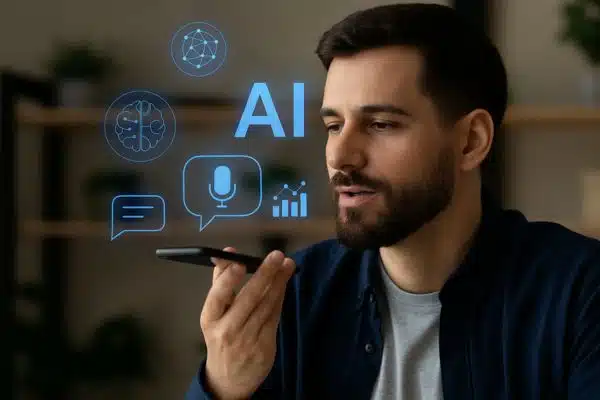 Inovações em Tecnologia Pessoa usando inteligência artificial no dia a dia com smartphone e ícones digitais flutuantes