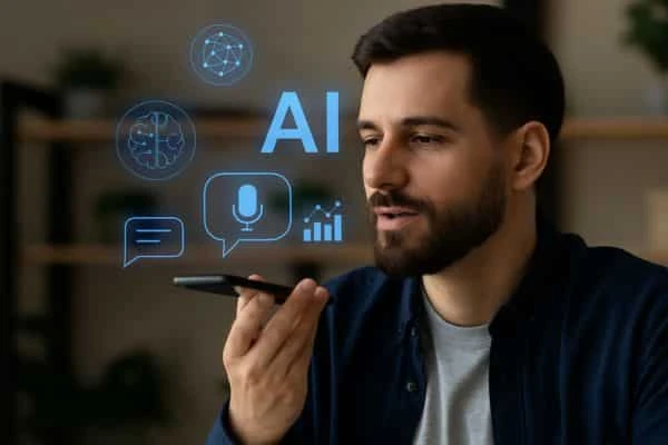 Inovações em Tecnologia Pessoa usando inteligência artificial no dia a dia com smartphone e ícones digitais flutuantes