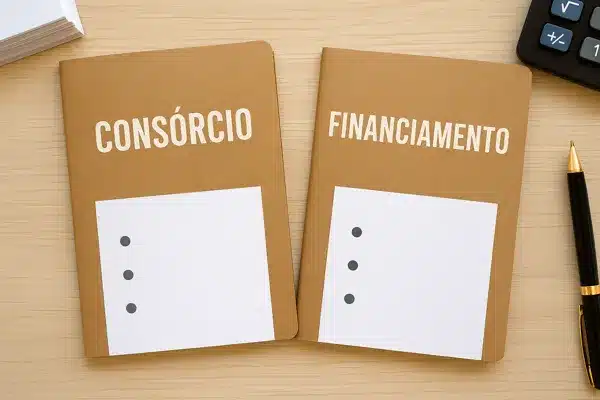 diferença entre consorcio e financiamentoCadernos com títulos consórcio e financiamento sobre mesa de madeira, simbolizando comparação entre as opções