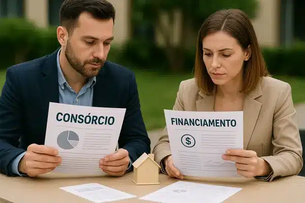 Diferença entre consorcio e financiamento.Casal analisando documentos para decidir entre consórcio e financiamento em uma mesa ao ar livre