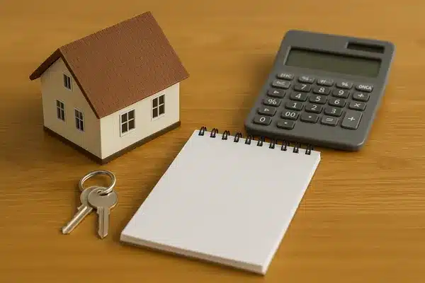 diferenças entre consorcio e financioamentoMiniatura de casa com chaves, bloco de notas e calculadora sobre mesa de madeira, simbolizando planejamento residencial.