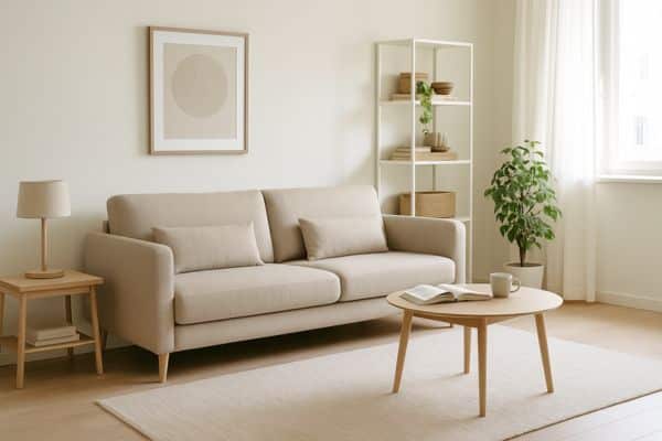 móveis multifuncionais para espaços pequenos Sala compacta com sofá multifuncional e decoração moderna