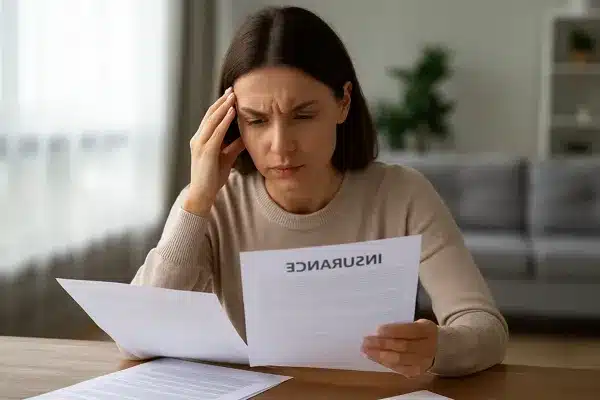 seguro auto 2025Mulher preocupada analisando apólices de seguro em uma sala de estar