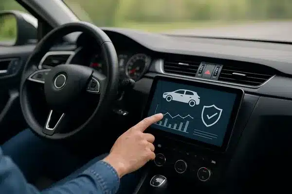 seguro-auto-2025Motorista usando aplicativo de seguro auto em carro moderno