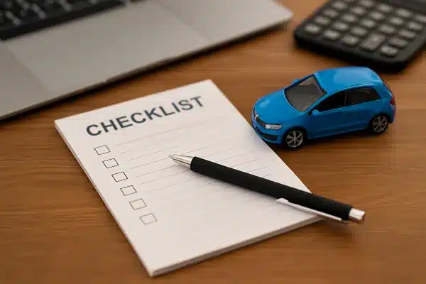 seguro auto 2025Checklist de seguro auto com carrinho de brinquedo sobre mesa de madeira