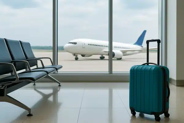seguro_de_viagemImagem de terminal de aeroporto com mala e avião visível, ilustrando o conceito de seguro de viagem em 2025