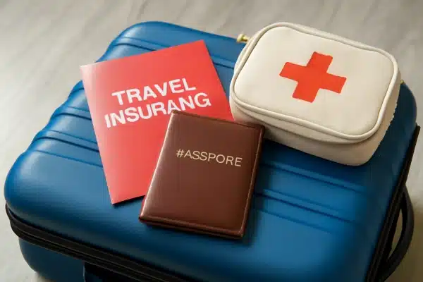 seguro_de_viagemMala de viagem azul, documento de seguro e kit de primeiros socorros, ilustrando a cobertura de emergência do seguro de viagem