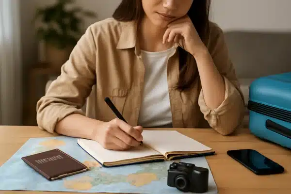 seguro_de_viagemMulher planejando viagem com mapa, passaporte e mala