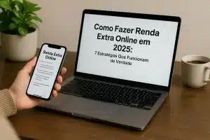 renda-extra-online-em-2025 Pessoa usando notebook e celular em casa para fazer renda extra online em 2025
