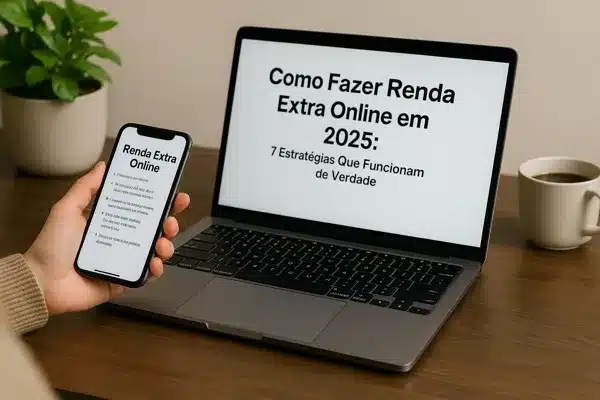 renda-extra-online-em-2025 Pessoa usando notebook e celular em casa para fazer renda extra online em 2025