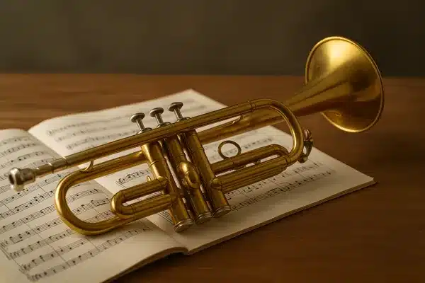Trompete PistonTrompete piston com partitura em mesa de estudo musical