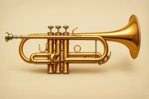 Trompete Trompete piston real com três pistos, instrumento musical de sopro em destaque sobre fundo neutro