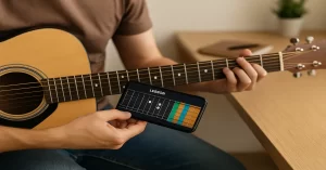 Aplicativo gratuito para aprende música no violão Pessoa aprendendo a tocar violão usando um aplicativo gratuito no celular, com foco nas mãos no violão e interface do app visível na tela.