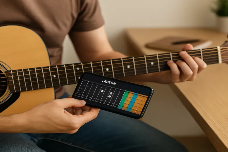 Aplicativo gratuito para aprende música no violão Pessoa aprendendo a tocar violão usando um aplicativo gratuito no celular, com foco nas mãos no violão e interface do app visível na tela.