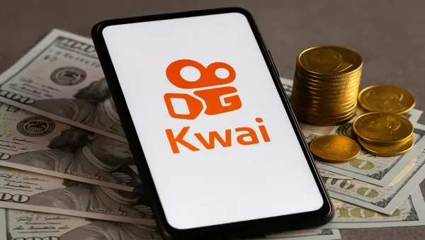 Ganhar Dinheiro no Kwai em 2025 Smartphone com logo do Kwai ao lado de moedas e notas de dinheiro, simbolizando renda extra em 2025.