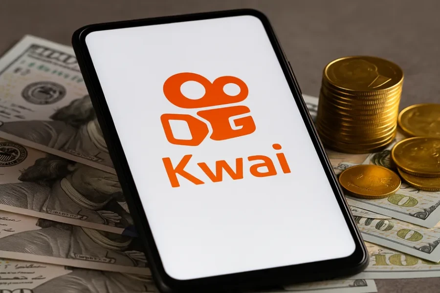 Ganhar Dinheiro no Kwai em 2025 Smartphone com logo do Kwai ao lado de moedas e notas de dinheiro, simbolizando renda extra em 2025.