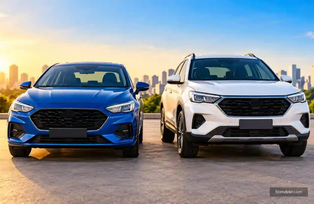 Seguro auto por assinatura com dois carros modernos lado a lado para comparação.