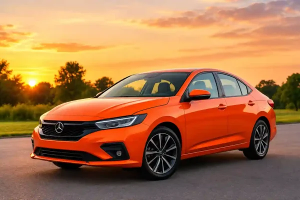 Seguro auto por assinatura em 2025 com carro laranja estacionado em estrada ao pôr do sol.