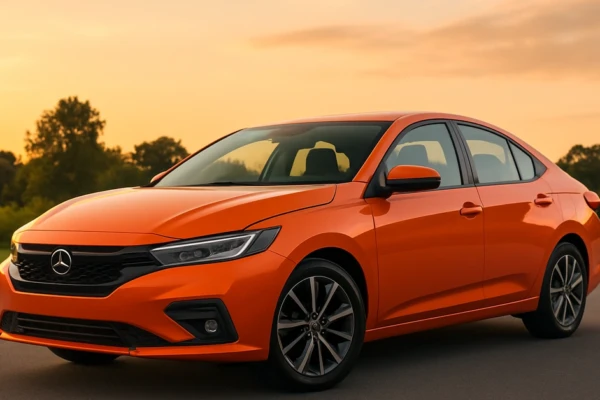 seguro auto por assinatura em 2025 Carro sedan laranja estacionado em uma estrada ao pôr do sol