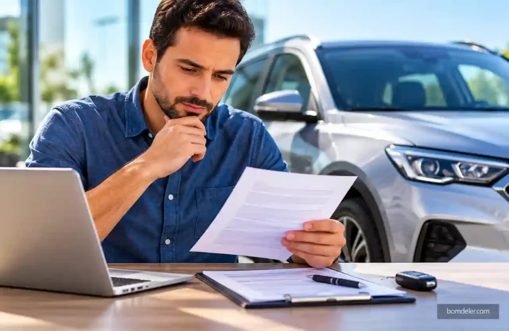 Seguro auto por assinatura em 2025 com motorista analisando documentos ao lado do carro.