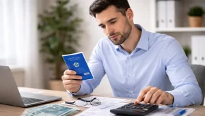 Trabalhador CLT analisando créditos ao trabalhador CLT com calculadora e documentos