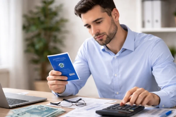 Trabalhador CLT analisando créditos ao trabalhador CLT com calculadora e documentos