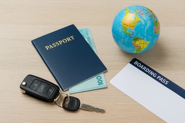 Seguro-Auto-Com-Cobertura-Internacionalconceito de viagem internacional com passaporte, chave de carro, globo terrestre e bilhete sobre mesa