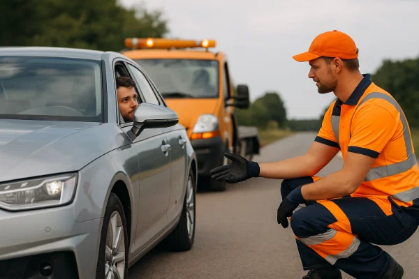 Seguro-auto-com-assistencia-24h-ilimitadaMecânico conversa com motorista em carro parado no acostamento, com caminhão de reboque ao fundo.