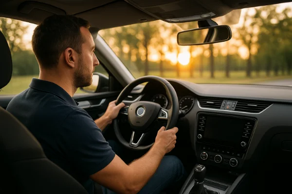 seguro-auto-com-assistencia-24h-ilimitadaHomem dirige um carro moderno ao entardecer, em cenário de tranquilidade e segurança.
