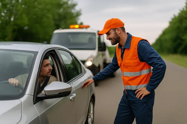 seguro-auto-com-assistencia-24hMecânico sorri enquanto auxilia motorista em carro parado no acostamento, com caminhão de reboque ao fundo.