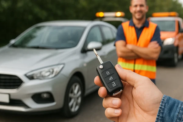 seguro-auto-com-assistencia-24h-ilimitada Homem com uniforme de assistência mecânica ajuda motorista na estrada ao lado de um carro moderno, com guincho e árvores ao fundo em fim de tarde.