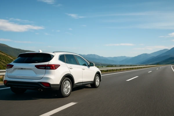 Seguro Auto com Cobertura Internacional Carro branco moderno em uma estrada aberta durante o dia, com montanhas ao fundo e céu azul claro