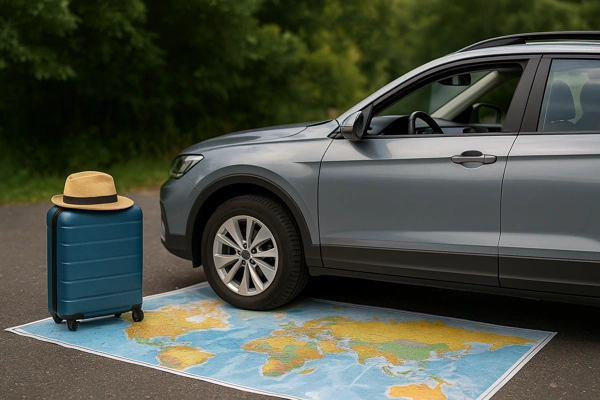 seguro-auto-com-cobertura-internacionalviagem internacional de carro com mala e mapa ilustrando planejamento de rota