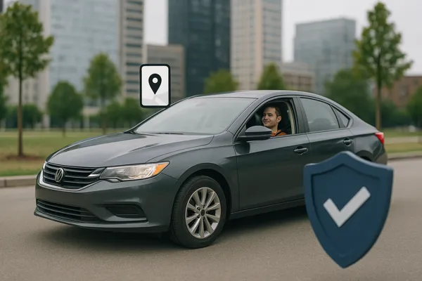 seguro-auto-para-motorista-de-aplicativoMotorista dirigindo um carro moderno em uma avenida urbana com prédios ao fundo
