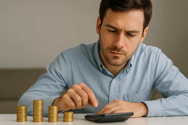 seguro-residencial-em-2025Homem calculando custos com uma calculadora ao lado de pilhas de moedas