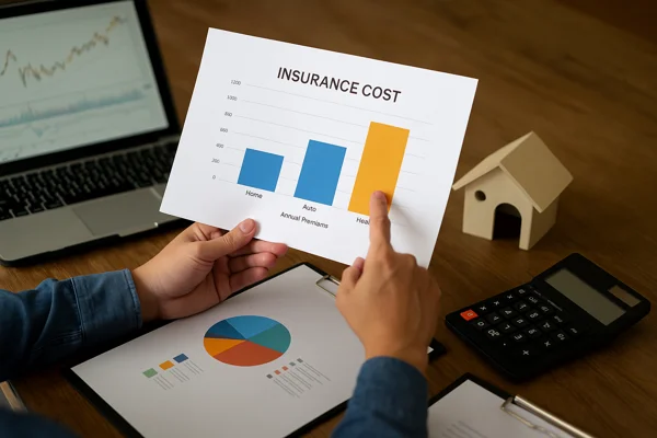 seguro-residencial-em-2025Pessoa analisando gráficos e planilhas financeiras em mesa de madeira com laptop, calculadora e miniatura de casa, simbolizando o impacto financeiro e a comparação entre seguros