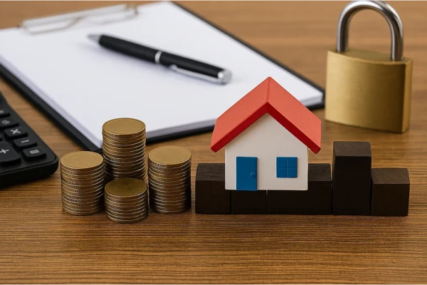 Seguros-Essenciais-Em-2025 proteção financeira representada por casa, moedas e segurança patrimonial
