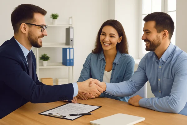 quando vale a pena fazer consorcio — casal apertando a mão de consultor financeiro após aprovação de contrato em mesa de escritório