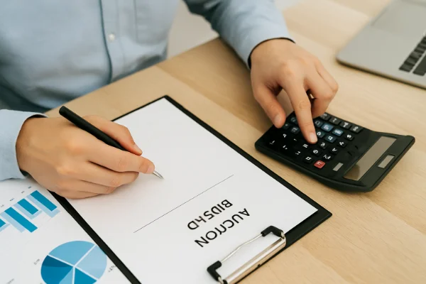 vale a pena fazer consorcio — pessoa calculando valores com calculadora e preenchendo documento financeiro em mesa de escritório para definir lances inteligentes