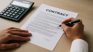 Pessoa analisando contrato de consórcio com calculadora e caneta sobre a mesa, avaliando se vale a pena fazer consorcio.