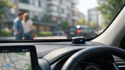 seguro automático via GPS em 2026 com dispositivo de rastreamento instalado no painel de um carro em ambiente urbano