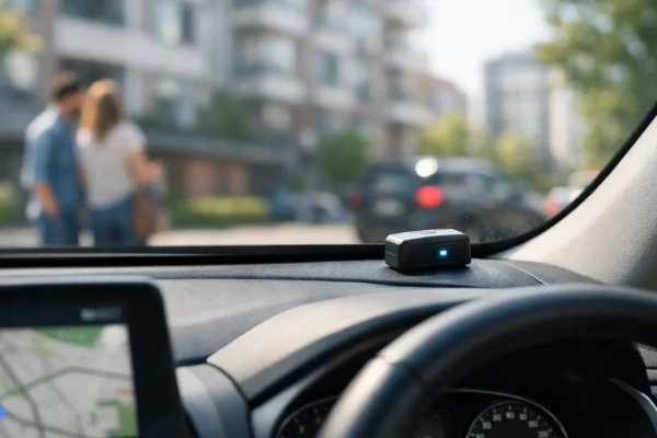 seguro automático via GPS em 2026 com dispositivo de rastreamento instalado no painel de um carro em ambiente urbano