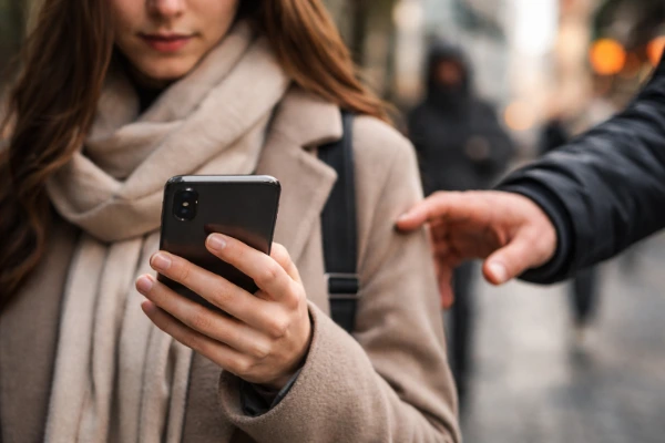 Pessoa usando celular na rua enquanto outra tenta roubá-lo, ilustrando risco de furto e a importância do seguro de celular em 2026