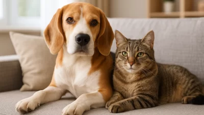 cachorro e gato relaxados no sofá, simbolizando proteção, bem-estar e a importância do seguro para pets.