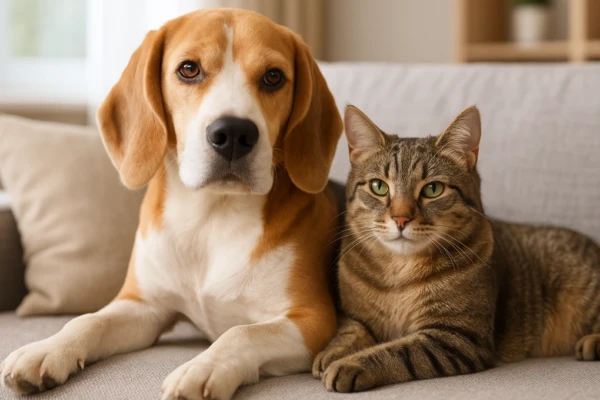 cachorro e gato relaxados no sofá, simbolizando proteção, bem-estar e a importância do seguro para pets.