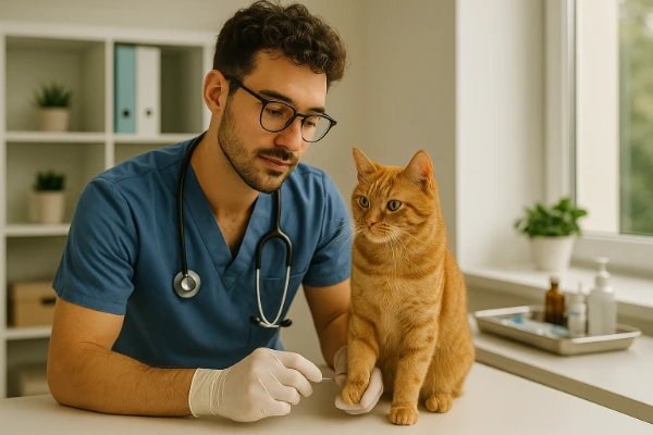 veterinário cuidando de gato em consulta, destacando a importância do seguro para pets.